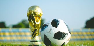 FIFA World Cup Betting 2022 gold-colored trophy and soccerball