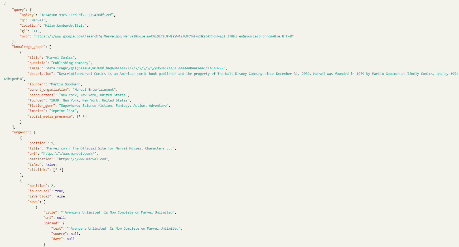 json response of the zenserp google scraping api